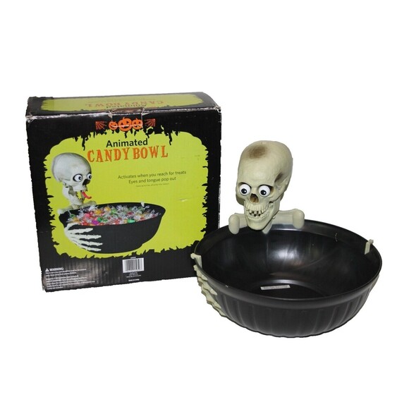 Gemmy Animated Halloween Motion Skull Candy Bowl Eyes Pop Talks Tongue Works